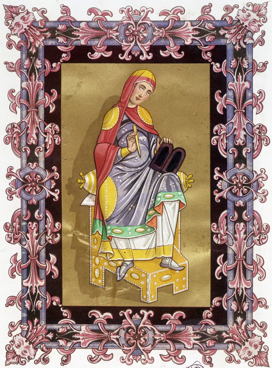 Radegonde (ca. 520 - 587), dronning av Frankrike, hustru til Clotaire (Clothaire) I. Kromolitografi fra 1800-tallet basert på belysning. av Unknown artist