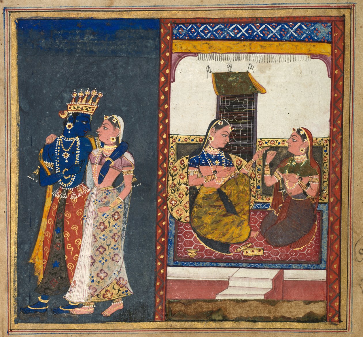 Radha og Krishna omfavner, blad fra en Gita Govinda av Unknown artist