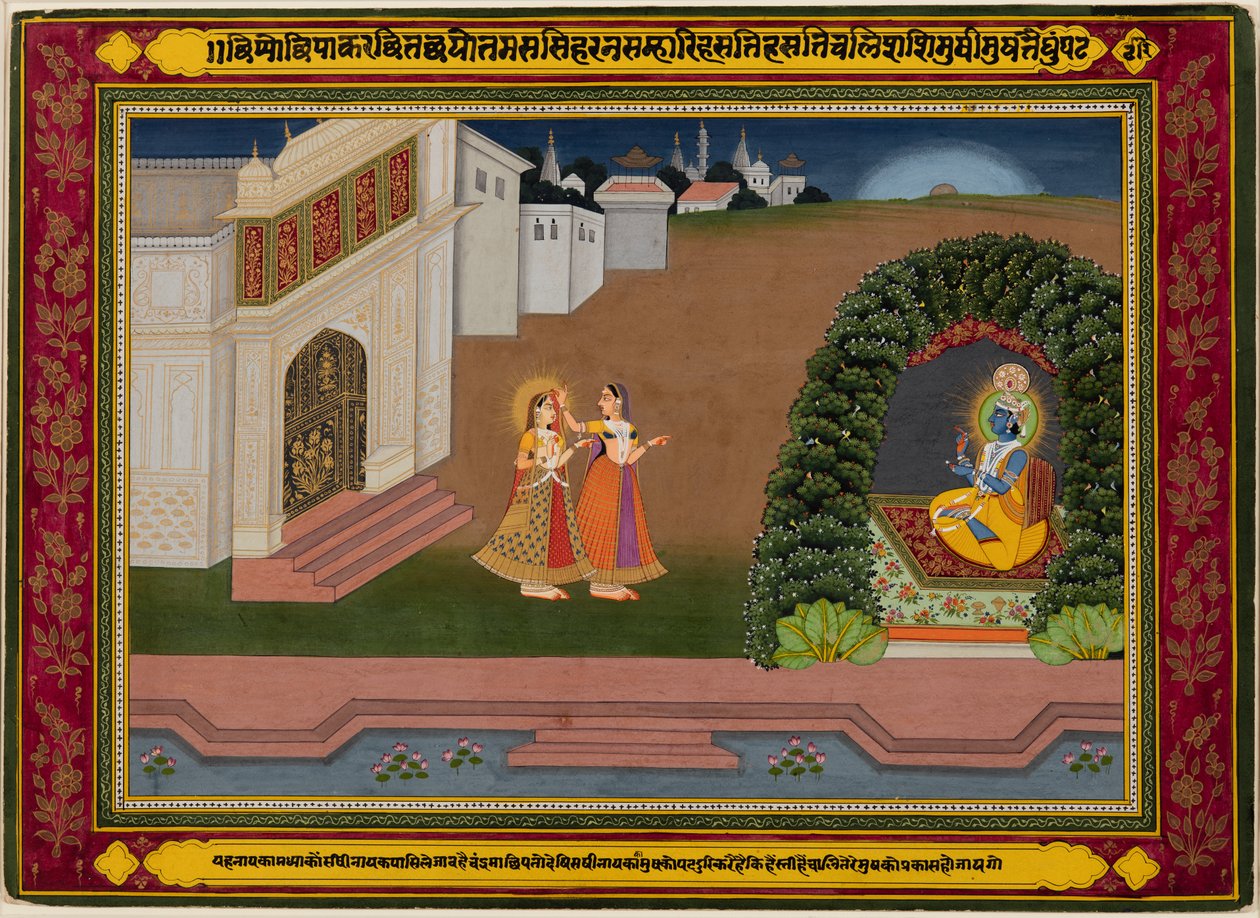 Radhas fortrolige bringer henne til Krishna, basert på Poetry of Bihari (indisk, 1595–1663) av Unknown artist