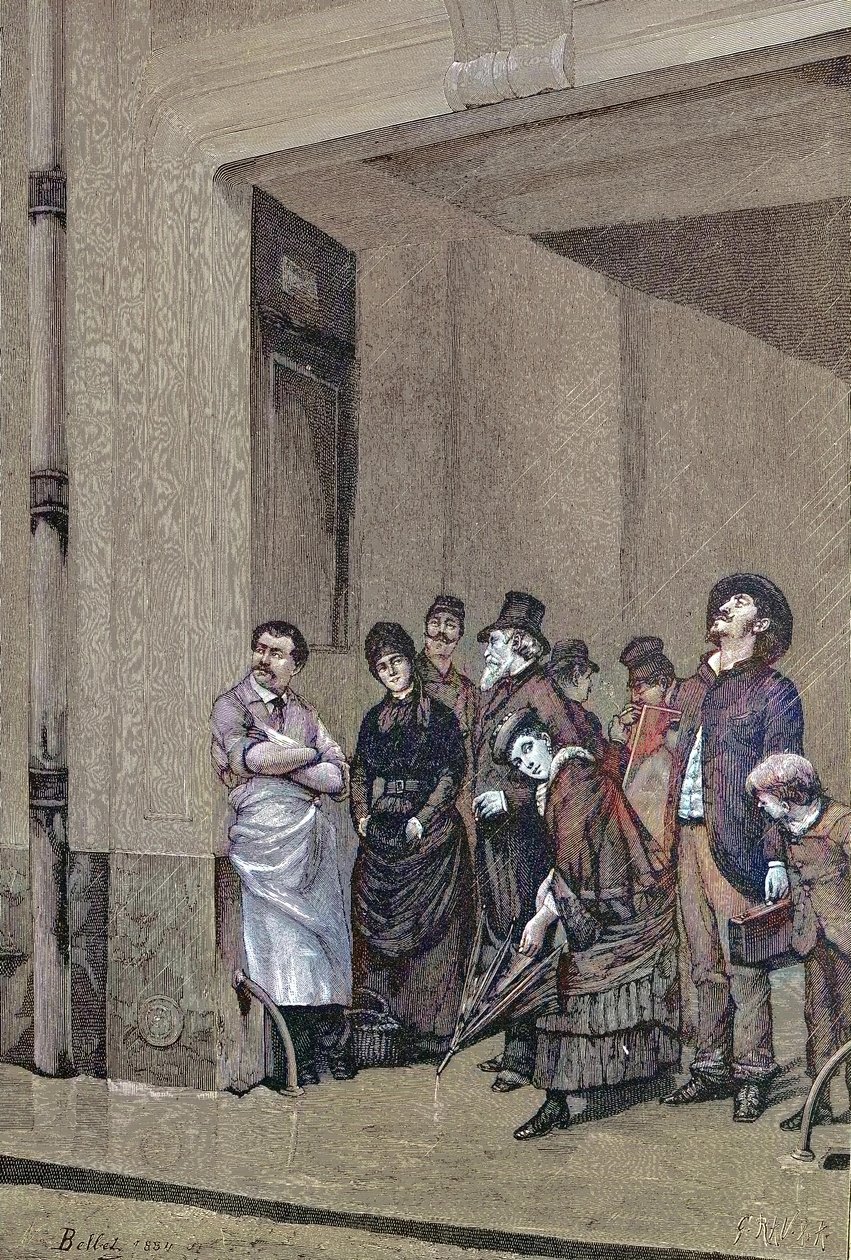 Regnvær, folk som står under et tak og venter på at regnet skal stoppe, maleri av A. Bellet av Unknown artist