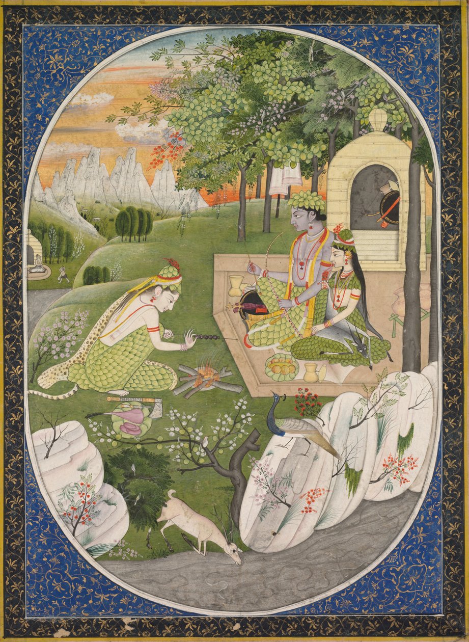 Rama, Sita og Lakshmana i skogen, side fra Ramayana (Tales of God Rama) av Unknown artist