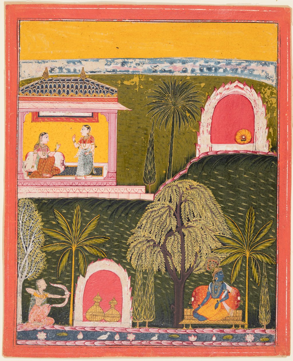 Rati, gudinnen for erotisk kjærlighet, tar sikte på Krishna, fra en Rasikapriya av Unknown artist