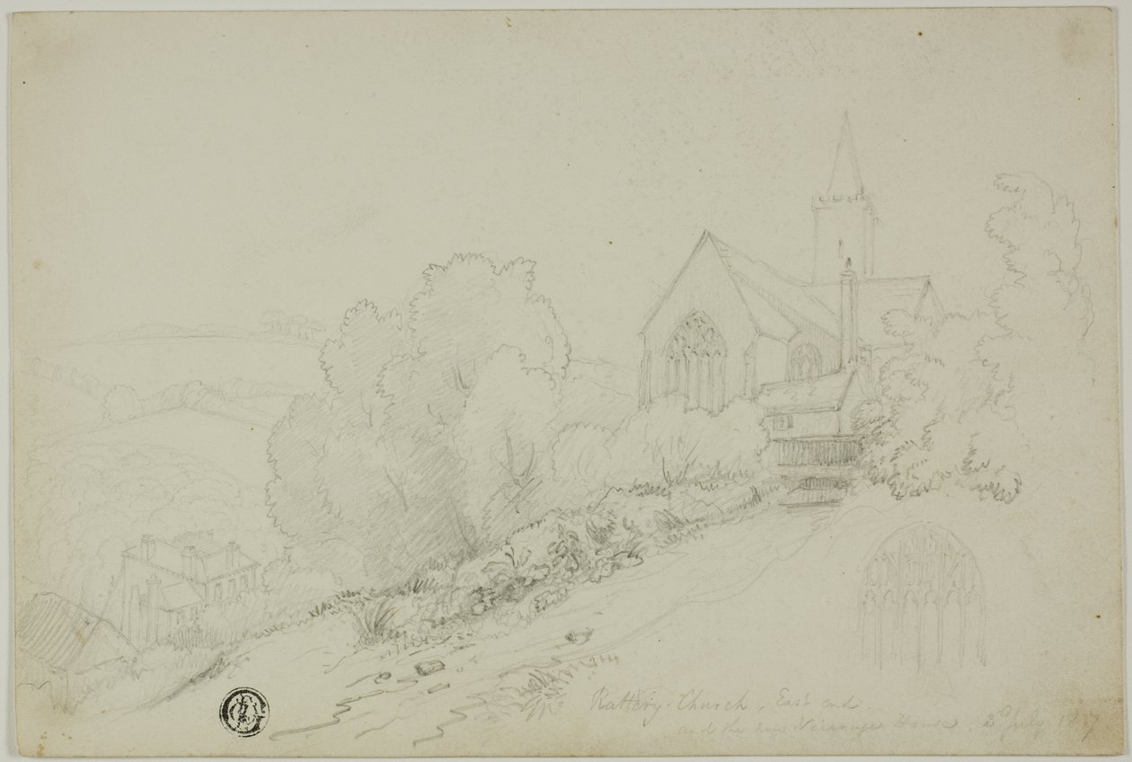 Rattery Church, East End og det nye Vicarage House av Unknown artist
