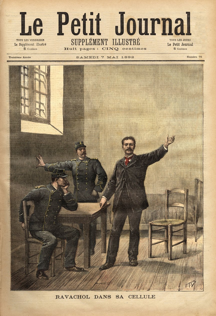 Ravachol (1859-1892, eller Francois Claudius Koenigsberg) i sin celle, etter at han ble avhørt ved assizene 26. april av Unknown artist