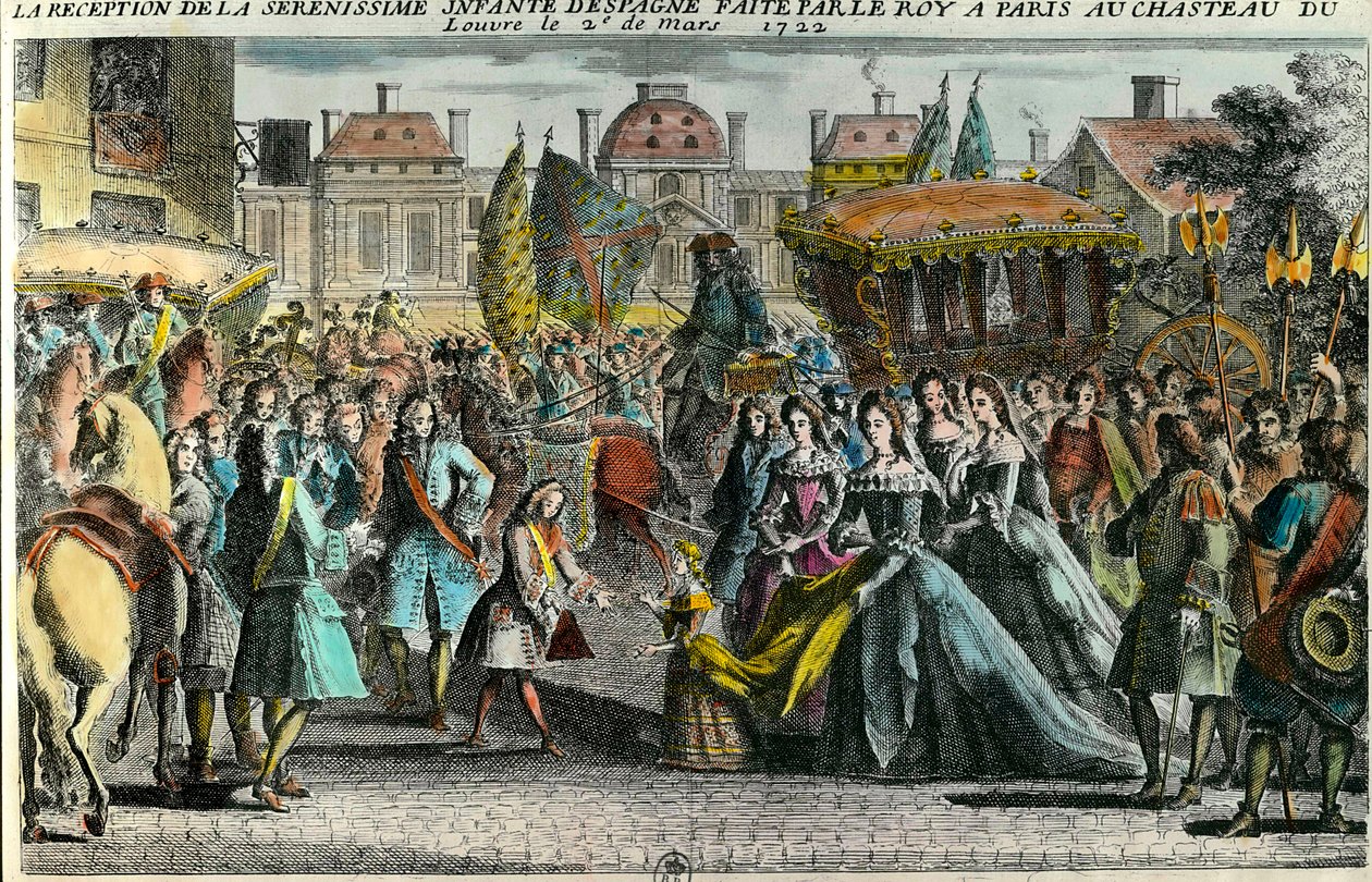 Mottakelse av Spanias spedbarn Marie Anne Victoire (1718-1781) av kong Louis XV i Paris ved Louvre 2. mars 1722. Mariana Victoria de Borbon ble forlovet i en alder av 3 med Louis XV i en alder av 11. Gravering av det 18. århundre. Privat samling av Unknown artist