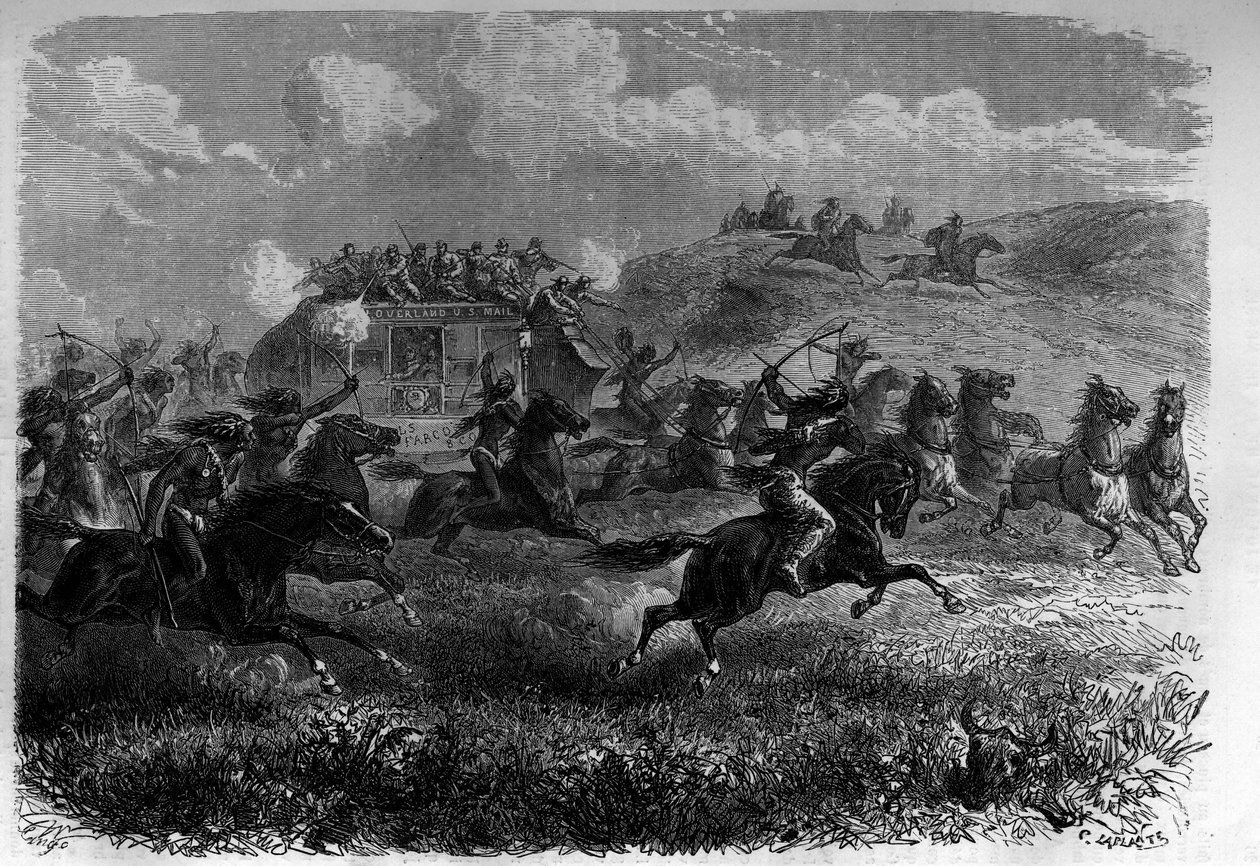 Red Skin Riders attacking a diligence in the Prairie. Engraving in “Le journal de la jeunesse”” av Unknown artist