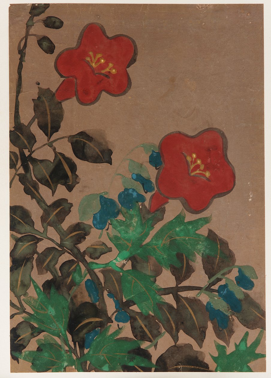 Røde og blå blomster og løvverk av Unknown artist