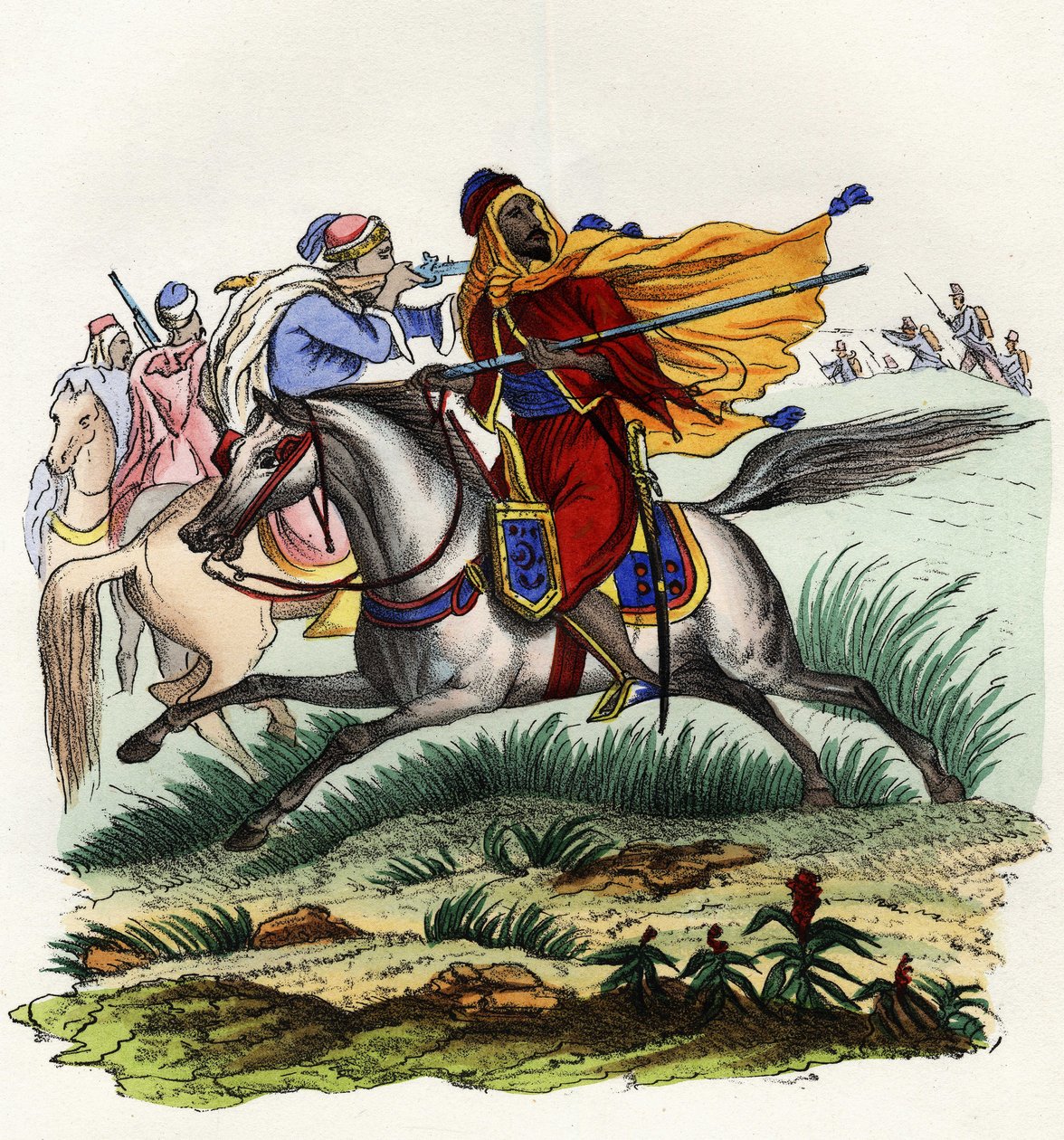 Røde ryttere av Emir Abd-el-Kader på flukt foran jegerne fra den franske hæren i Afrika i Oran i 1841. I “” Storia d