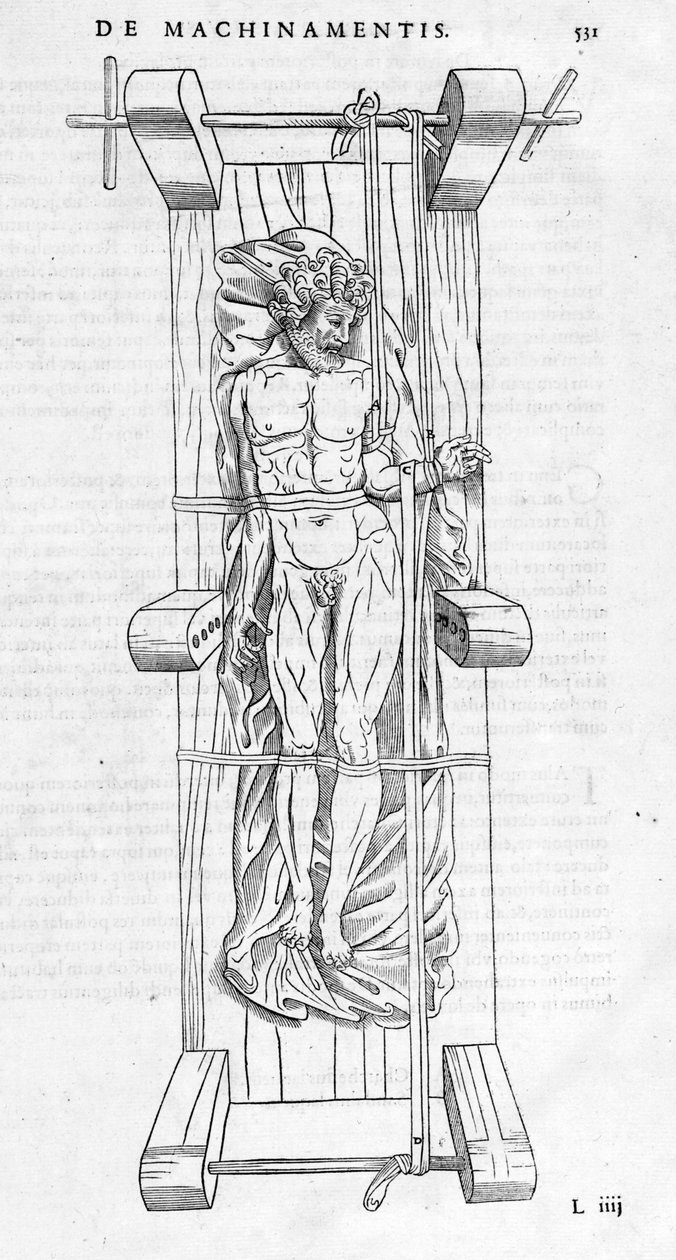 Reduksjon av brudd: en mann er festet på en båre, hans brukne arm er strukket mellom de to aksene. Plate illustrert av "" De dissectione partium corporis humani lbri tres... "" av Carlo Stefano Riverio, Paris 1545. av Unknown artist