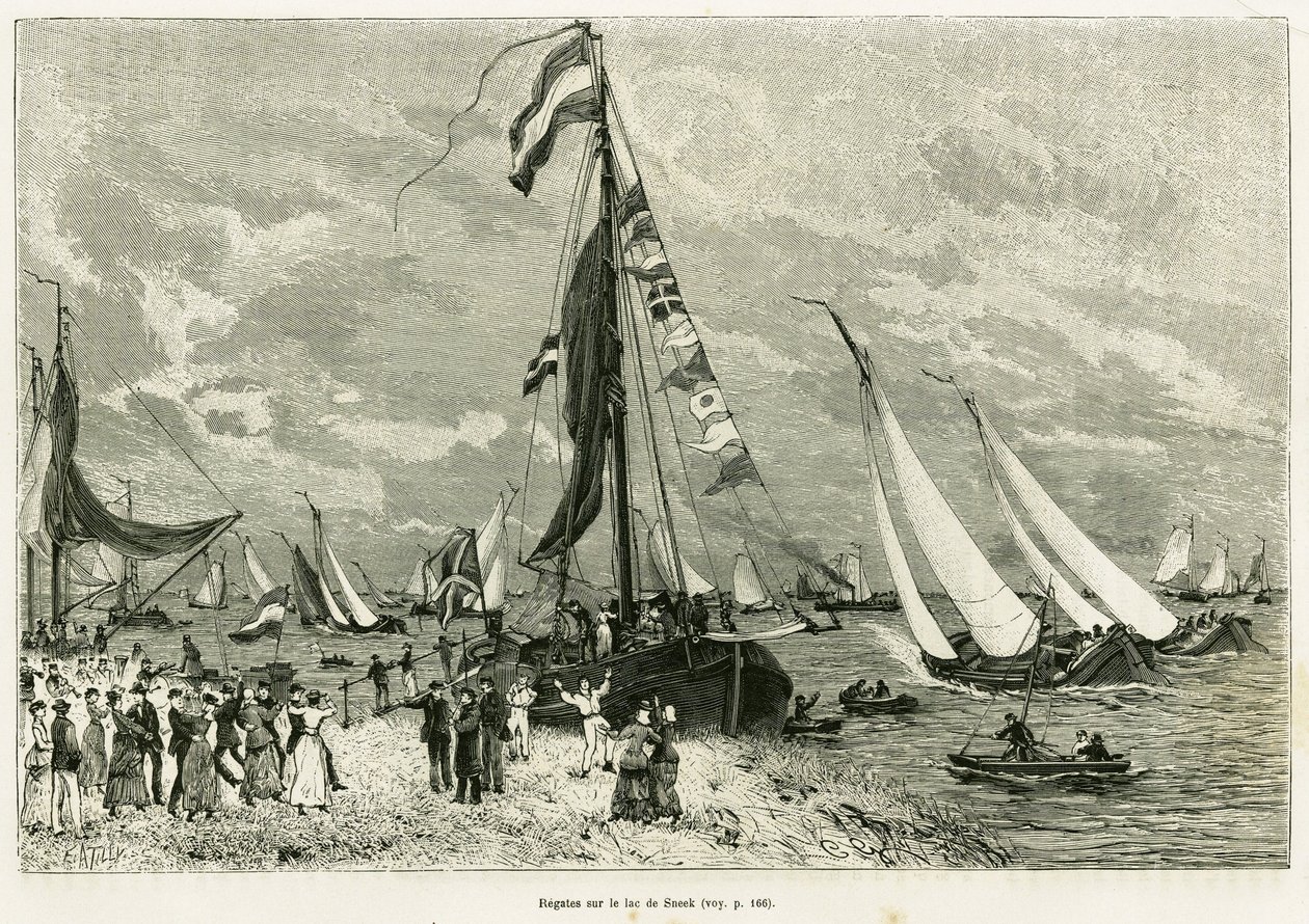 Regates på Lake Sneek (Nederland). Gravering for å illustrere historien La Frise, basert på et forhold til en nederlandsk avis, i le tour du monde 1886, regissert av Edouard Charton (1807-1890), Hachette, Paris. av Unknown artist