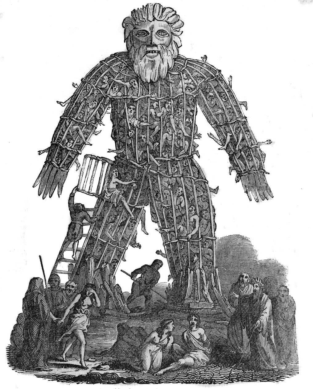 Religion of the Gauls: Human sacrifice among the Gauls. In the great public clamites, or before entering a campaign against a formidable enemy, the Druids had introduced the use of human holocausts. A huge mannequin representing a man was built, filled wit av Unknown artist