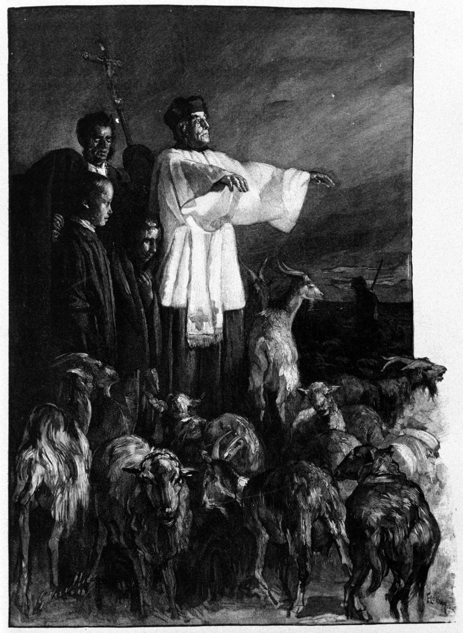 Religiøse ritualer: Seremoni for eksorcisme på bytorget i løpet av Kristi himmelfartsnatt. Sicilia-gravering fra 1800-tallet av Unknown artist