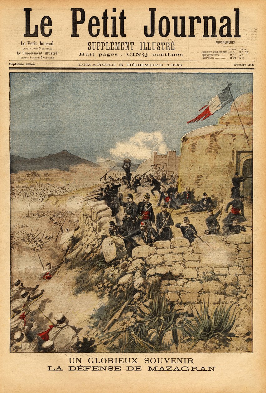 Til minne om forsvaret av Mazagran, kamp fra 3. til 6. februar 1840, mot hæren på mer enn 10 000 mann ført av Abd el Kader, vant kaptein Lelievres franske bataljon seier. Gravering i "" Le petit journal"" 12.06.1896. Selvas samling. av Unknown artist