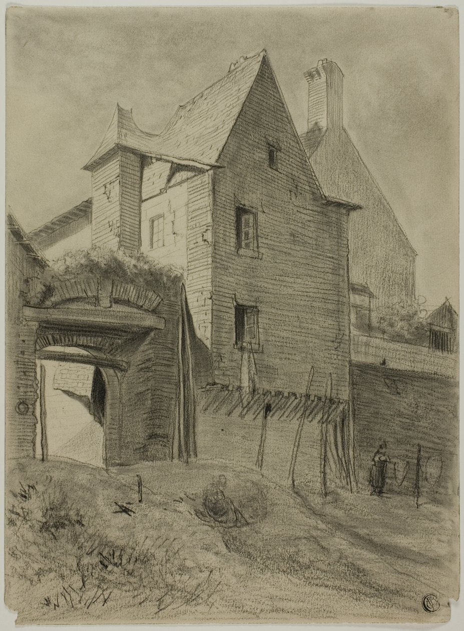 Resten av det gamle slottet innlemmet i gården av Unknown artist