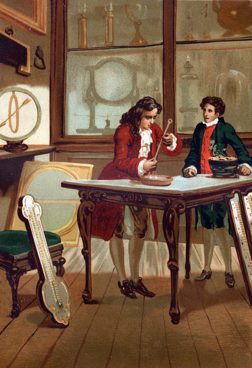 René Antoine Ferchault de Réaumur (1683-1757), French chemist and physicist, building his thermometer in 1730. after “La Ciencia y sus Hombres par Louis Figuier”” Barcelona 1881 av Unknown artist