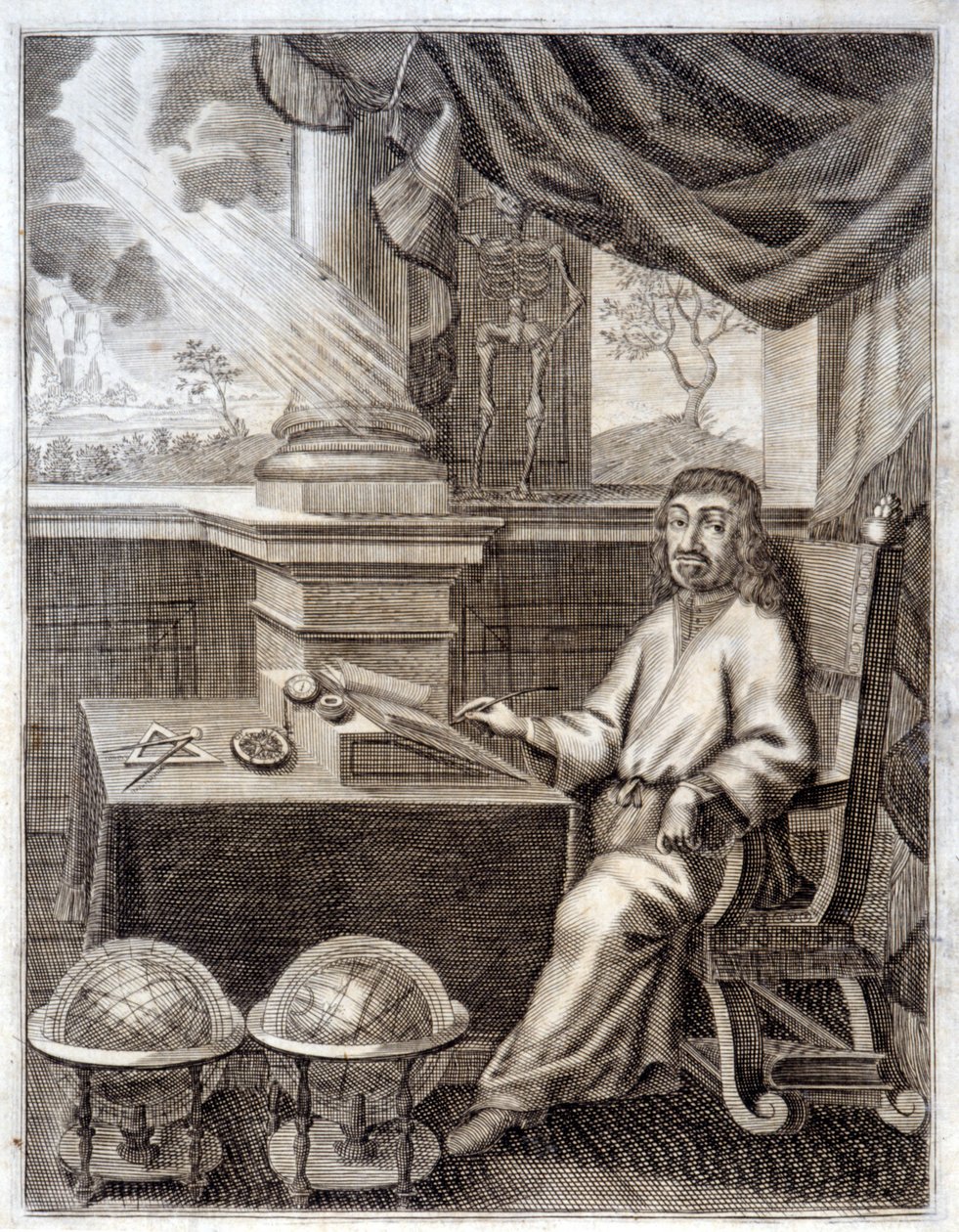 René Descartes (1596 - 1650) på kontoret sitt med vitenskapelig utstyr. Gravering fra 1600-tallet. av Unknown artist