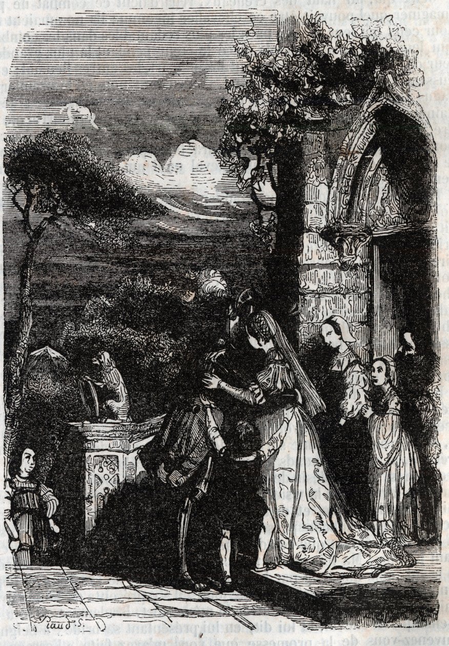 Renaud vender tilbake til familien sin - gravering av 1851 fra "" Furious Roland"" av Unknown artist