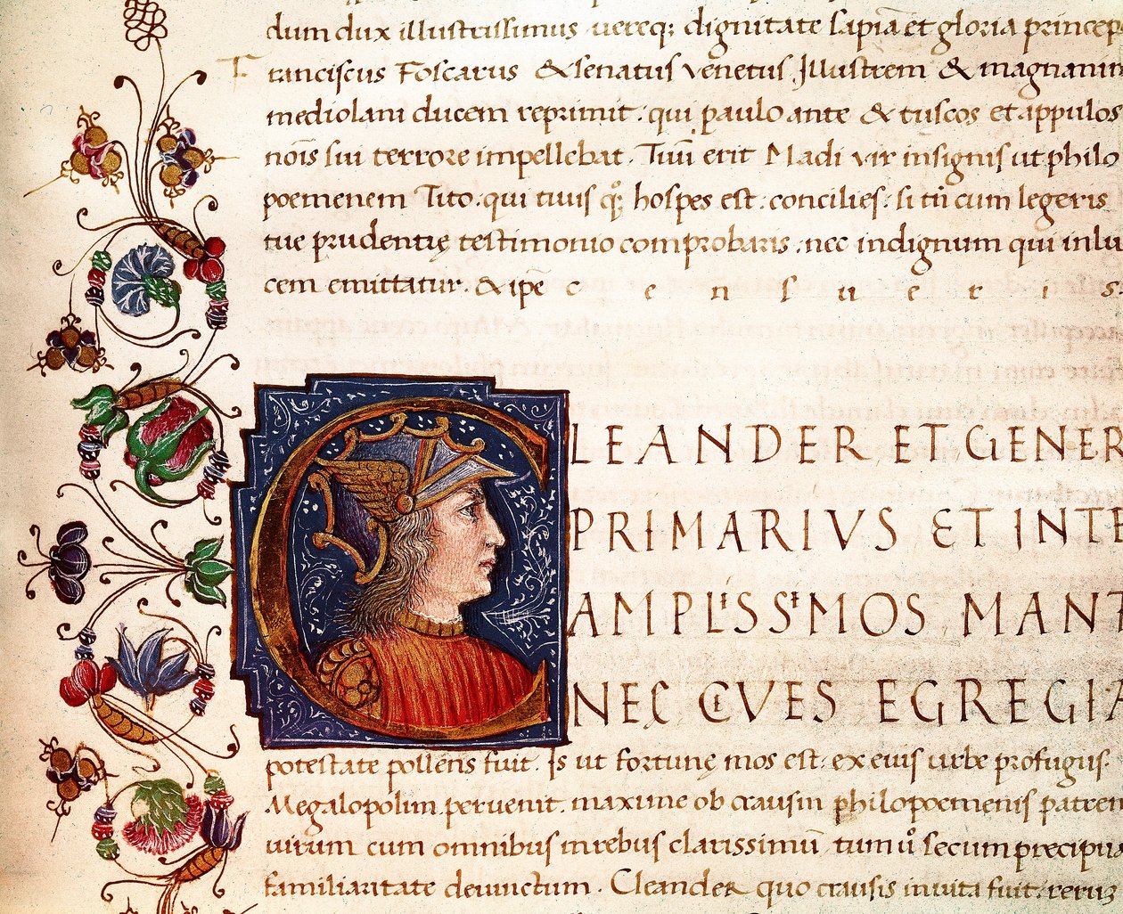 Representasjon av Alexander den store (356-323 f.Kr.) konge av Macedoine Miniature hentet fra "" Paralleles of illustrious men""" fra Plutarch (46-125 e.Kr.) (MS. XV. 1) 1400-tallet. Cesena, Biblioteca Malatestiana av Unknown artist
