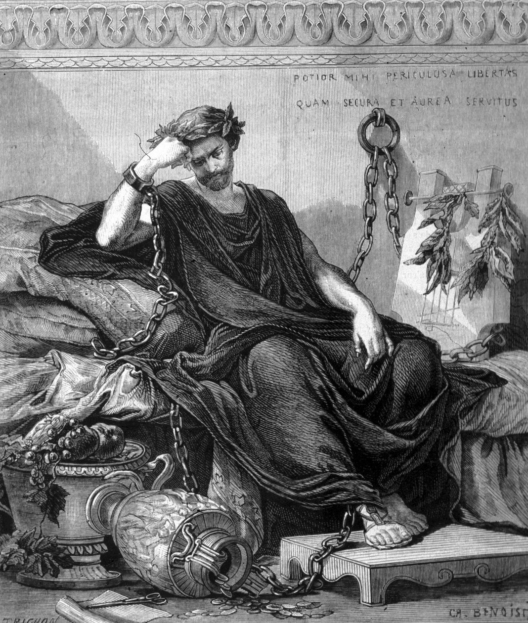 Representasjon av Damoclés enchaïne blant matvarene til festen der Denys den eldste fikk ham til å henge et sverd over hodet for å vise ham lykkens skjørhet. Gravering av 1800-tallet. av Unknown artist