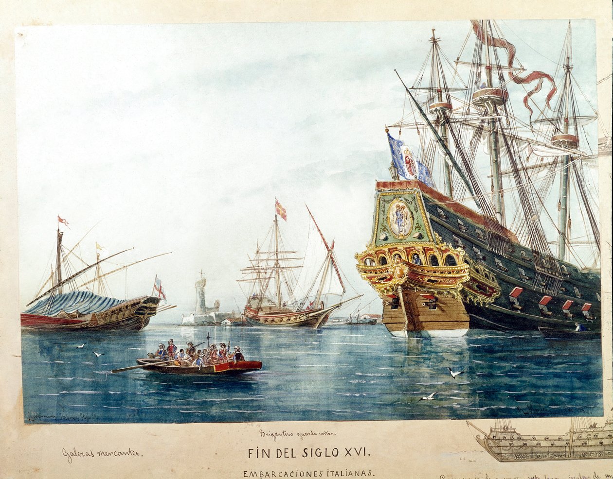 Representasjon av italienske skip, galeres, brigantine fra 1500-tallet (Akvarell av Unknown artist