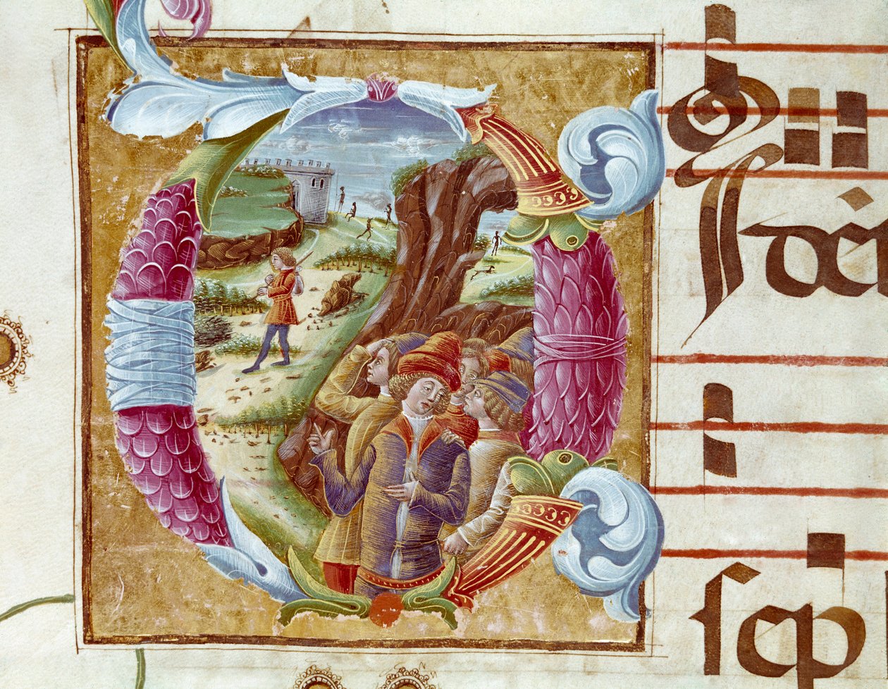 Representasjon av Joseph og hans brødre Detalj av en lettrine i et antifonarium (Antiphonarium II) fra 1400-tallet. Cremone, Biblioteca governativa Italia av Unknown artist