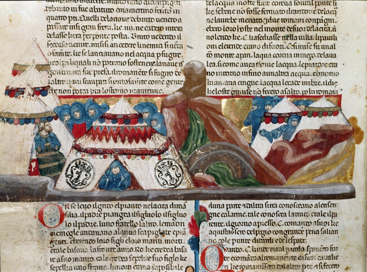 Representasjon av Jules Cesar (101-44 f.Kr.) som sitter i nærheten av sin militærleir. Detalj av en manuskriptside “” Facts of the Romans”” (Ms 1538, fol. 24v) rundt 1340 Firenze, Biblioteca Riccardiana av Unknown artist