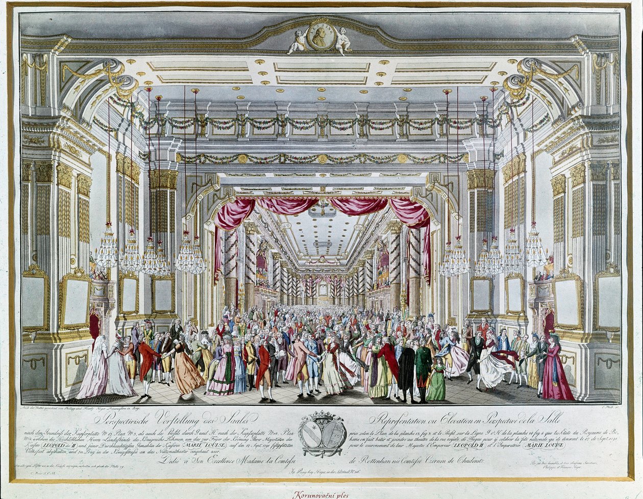 Representasjon av «La Clemenza di Tito»» (La Clemence de Titus) av Wolfgang Amadeus Mozart (1756-1791) ved kroningsfesten til keiser Leopold II av Østerrike (1747-1792) som konge av Böhme i 1791 i teateret til Royal Street i Praha. Praha Museu av Unknown artist