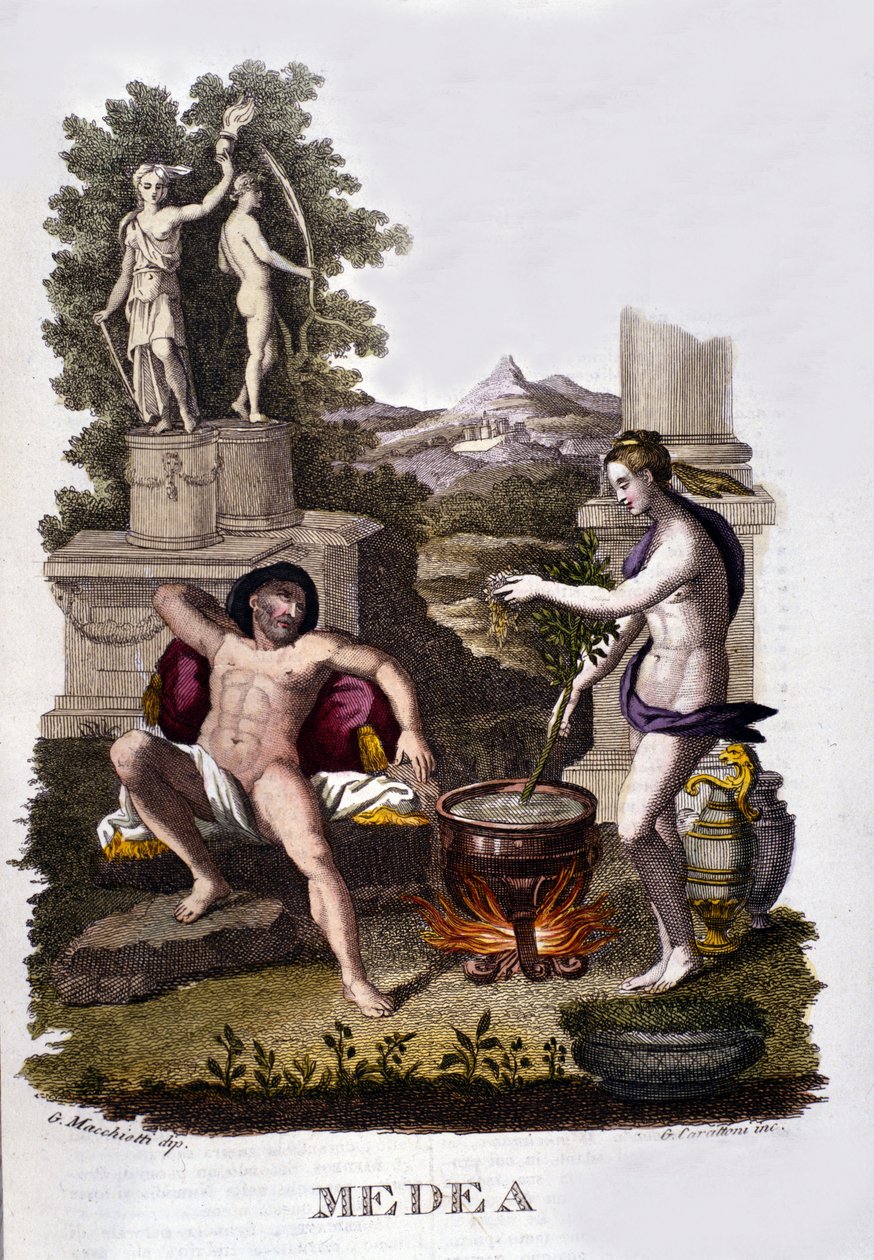 Representasjon av Medea som forbereder forbannelsene sine etter syklusen til argonauter. Gravering av 1800-tallet. av Unknown artist