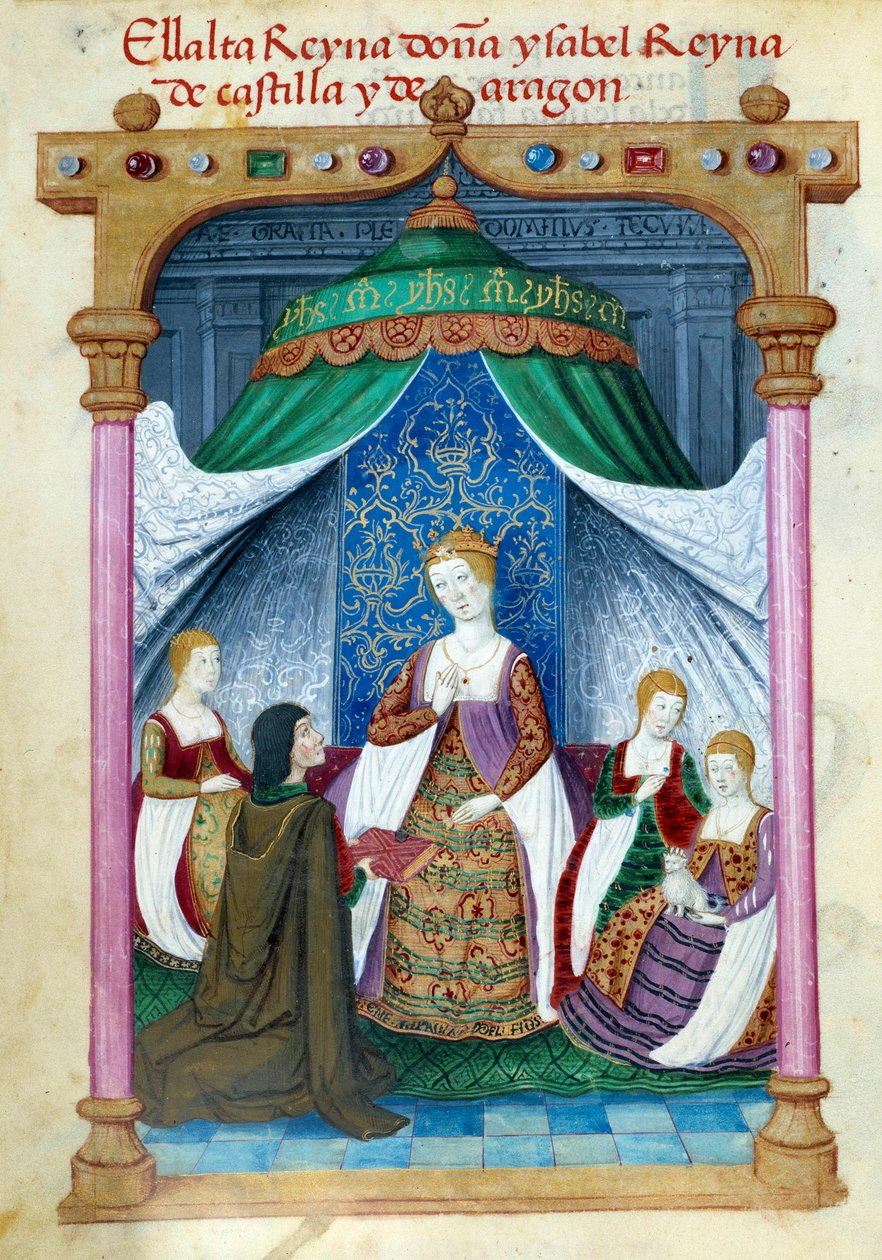 Representasjon av dronning Isabella av Portugal Isabella av Aragon (1271-1336) omgitt av sine ledsagere og Pedro Marcuello som tilbyr henne boken sin. Manuskriptside hentet fra "" Collection of devotion of Queen Joan the Folle (1479-1555) of Spai av Unknown artist