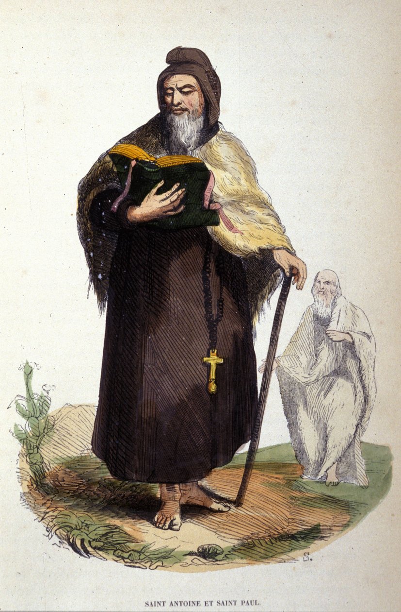 Representasjon av Saint Anthony the Great, egyptisk anachoret (251 - 356), grunnlegger av kristen eremittisme og Saint Paul av Theben (han ville ha gått foran Saint Anthony i Thebaide). Gravering av 1800-tallet. av Unknown artist