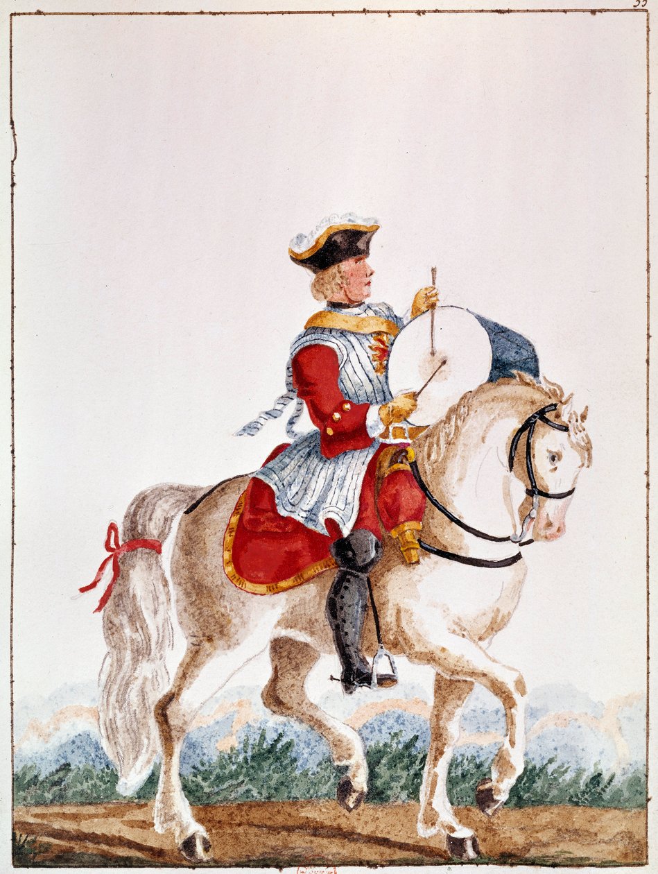 Representasjon av en fransk musketer fra perioden til Louis XV. Gouache fra 1700-tallets Paris, B.N. av Unknown artist