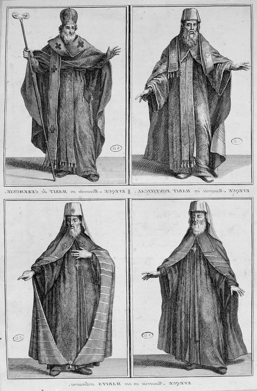 Representasjon av en Moskva-biskop i vanlig kjole og seremoniell kjole. Gravering av Unknown artist