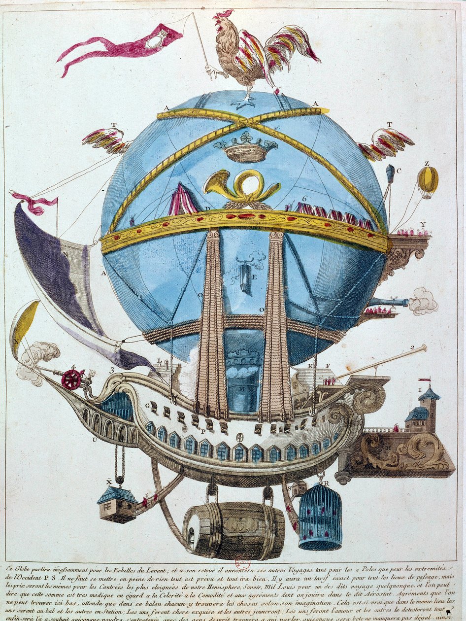 Representasjon av en reise i en ballong, satirisk gravering fra 1700-tallet. av Unknown artist