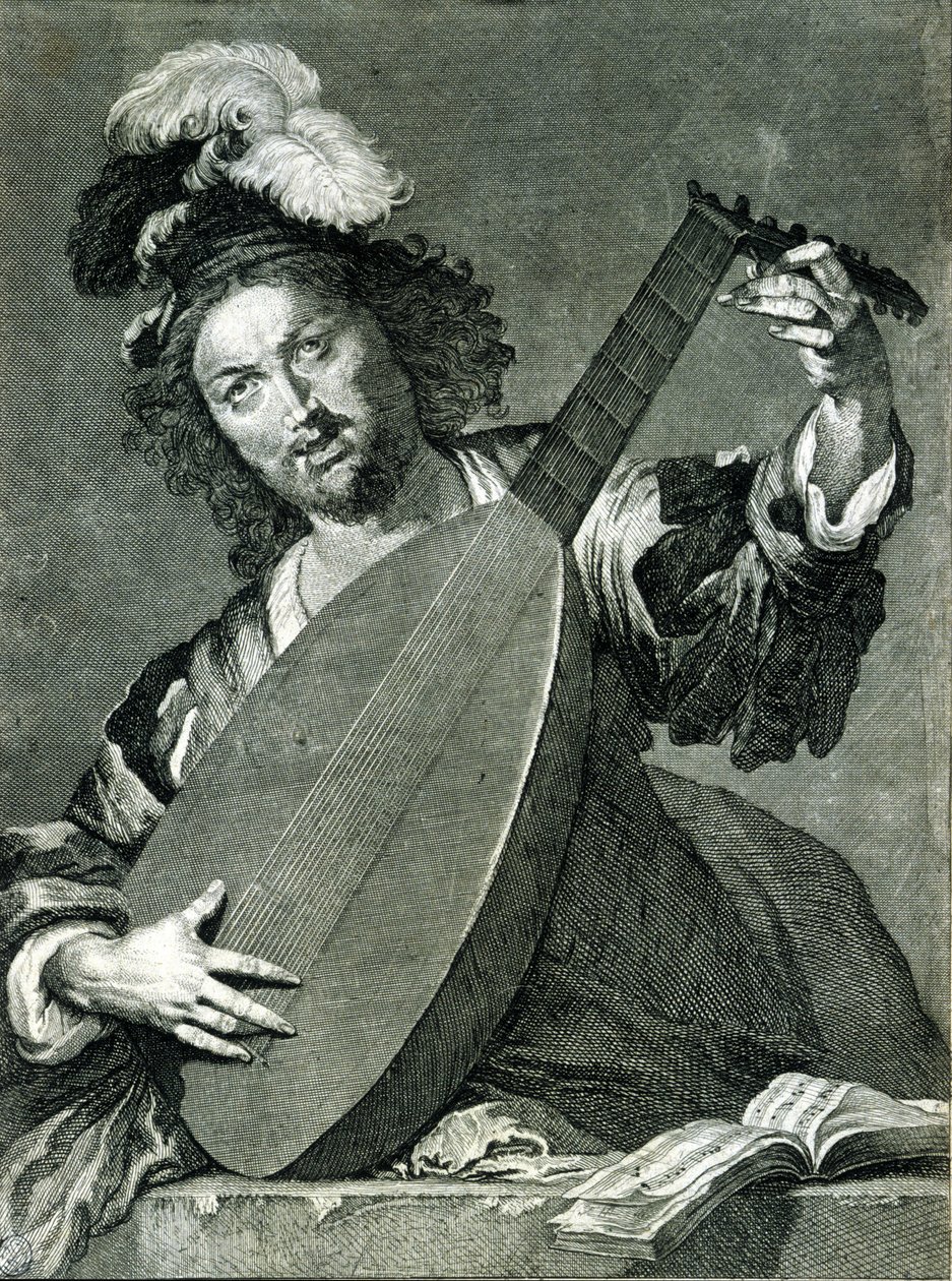 Representasjon av en lutspiller som stemmer instrumentet sitt. av Unknown artist