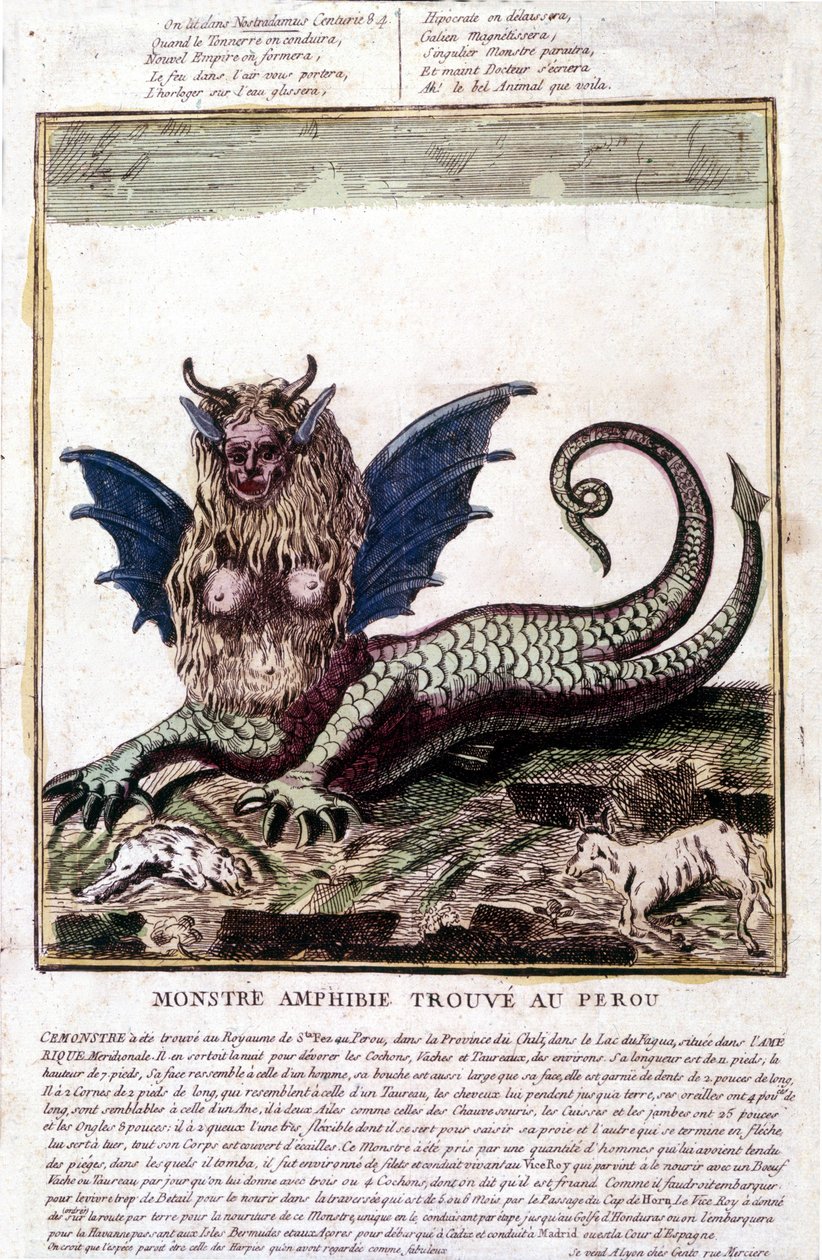 Representasjon av et monster funnet i en Perou-innsjø: det har et menneskelig ansikt, horn, dragevinger, en løvemanke, en reptilkropp, en kvinnes bryst. Populært trykk fra 1700-tallet. av Unknown artist