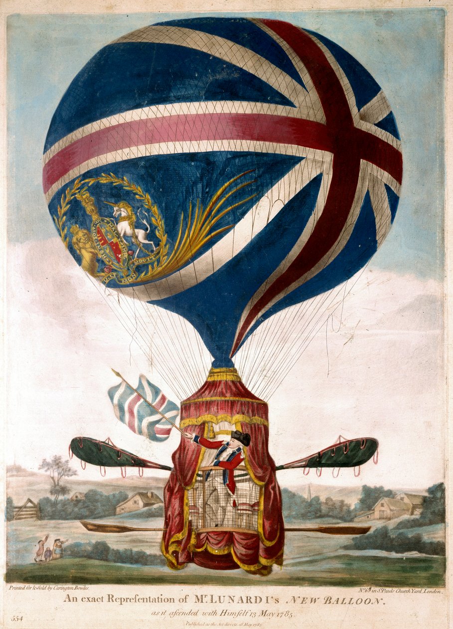 Representasjon av en ny ballong av Vincenzo Lunardi den 13/05/1785, han var den første som fløy over England i 1783. Lerretet til aerostaten er dekorert av Union Jack. Gravering omkring 1785. Privat samling av Unknown artist
