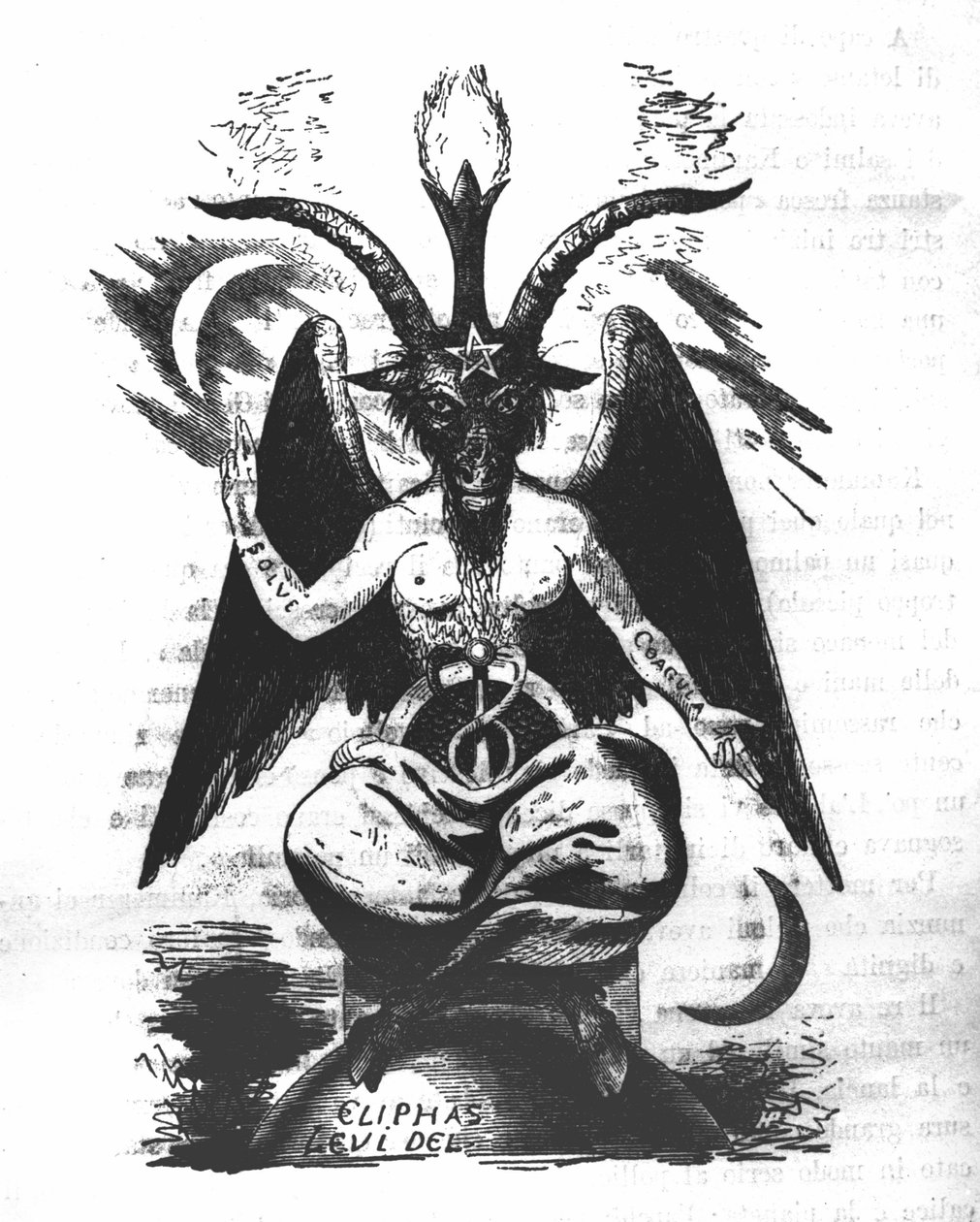 Representasjon av Baphomet: et monster med et geitehode og en kvinnekropp med alkymistiske sitater på armene "løse" og "koagula", en løvfellende mellom bena og et pentagram på pannen. Djevelen til Eliphas Levi (Alphonse Louis (Alphonse  av Unknown artist