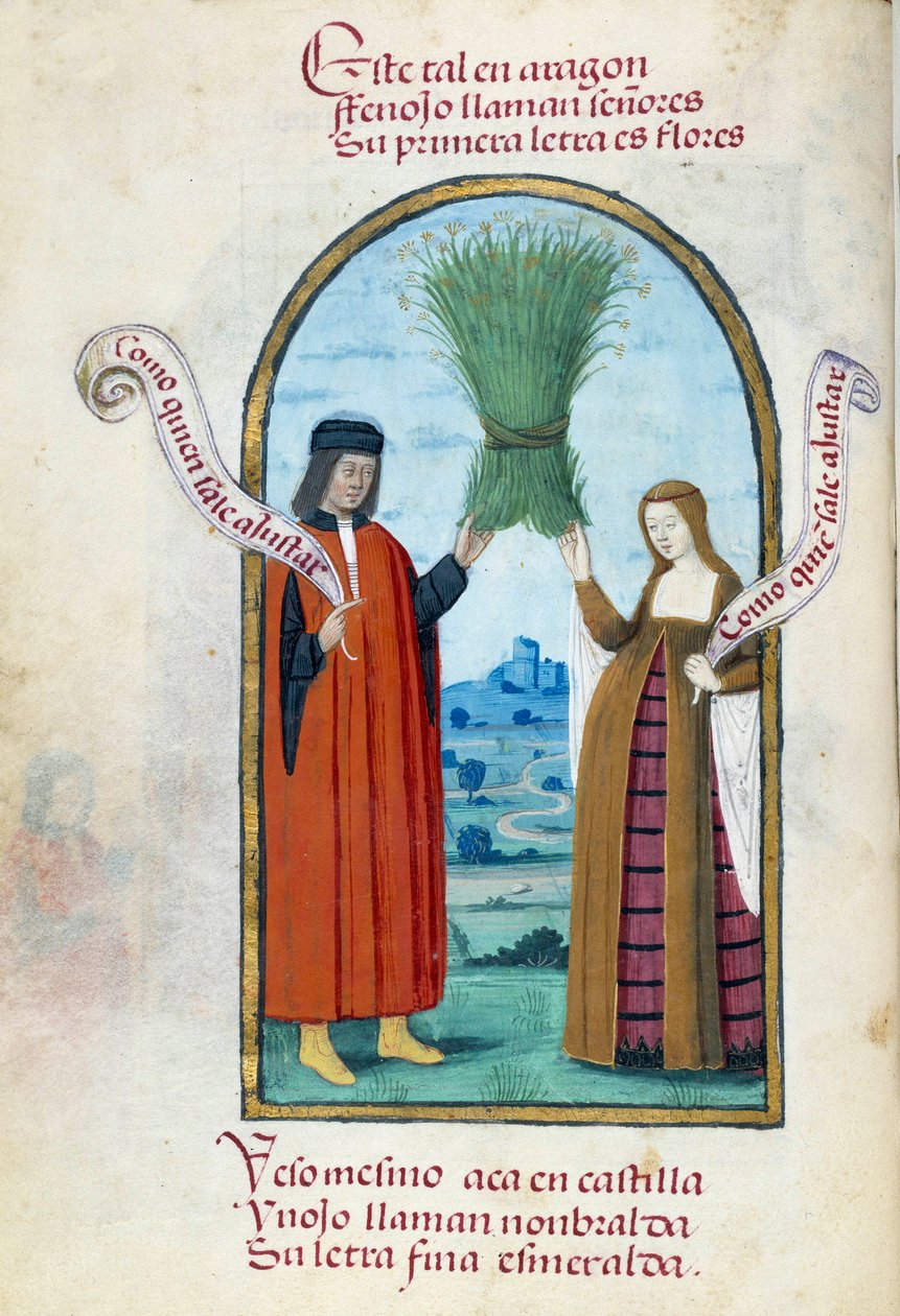 Representasjon av de katolske kongene Ferdinand II (1452-1516) og Isabella 1. av Castilla (1451-1504) som holder en støvel av vill fennikel. Manuskriptside hentet fra "" Collection of devotion of Queen Joan the Folle (1479-1555) of Spain"&qu av Unknown artist
