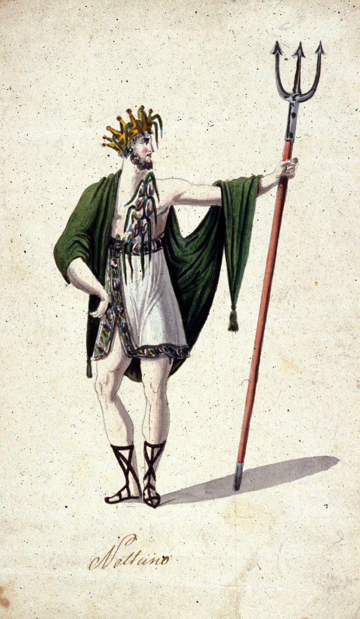 Representasjon av den romerske guden Neptun som holder en trefork (identifiserer den greske Poseidon). Akvarell fra 1700-tallet. av Unknown artist