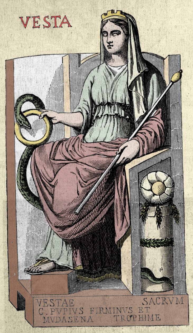 Representasjon av den romerske gudinnen Vesta, penatenes guddom (assimilert til Hestia), er gudinnen for foajeen, landskapet og brødet. av Unknown artist