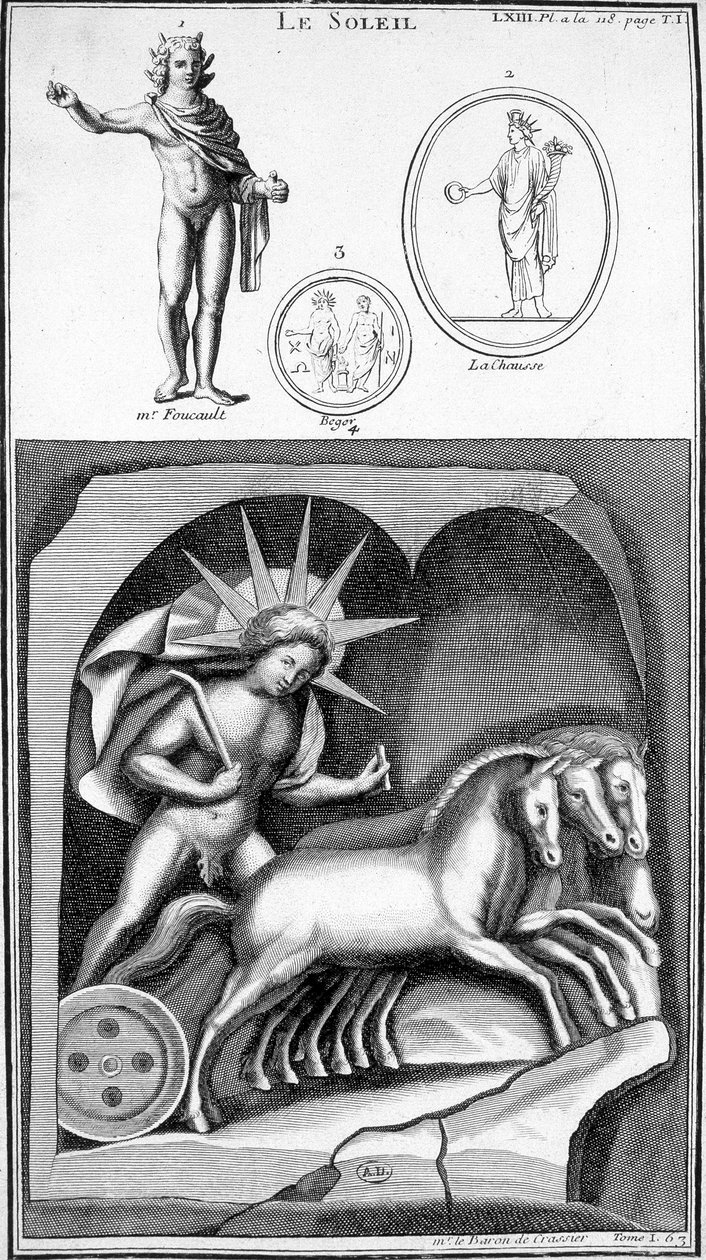 Representasjon av solen og Apollo. Bilder hentet fra eldgamle representasjoner. Gravering 1800-tallet. av Unknown artist
