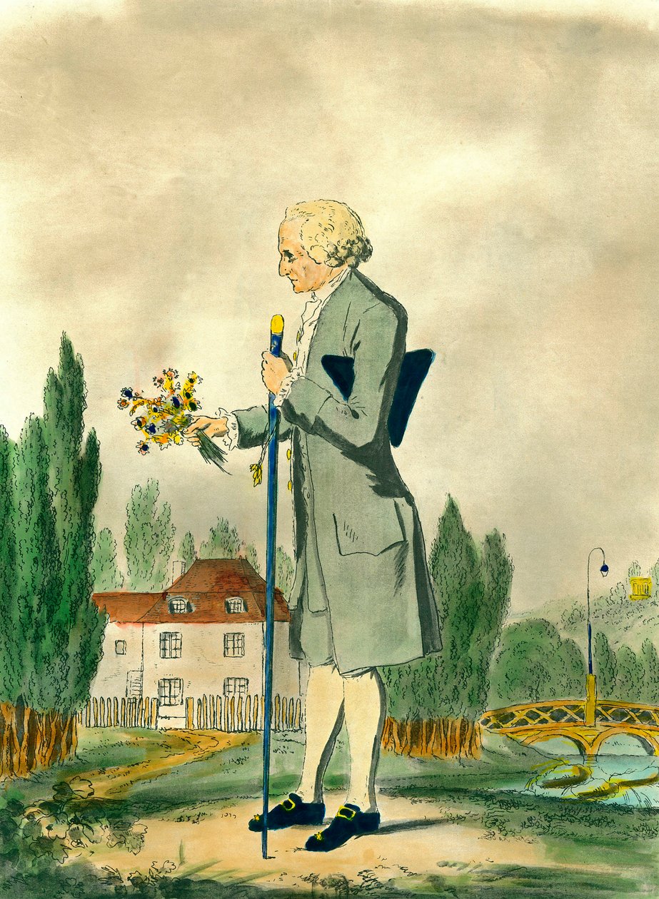 Representasjon av den sveitsiske filosofen Jean Jacques Rousseau (1712-1778) som plukker blomster i Ermenonville. Gravering fra 1700-tallet. Privat samling. av Unknown artist