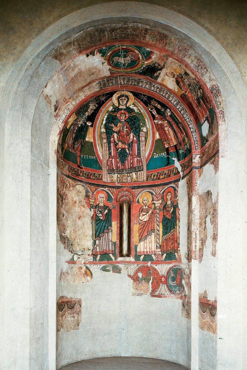 Representasjon av Jomfruen og Barnet omgitt av Magi Kings. Freske fra den sentrale apsis i kirken Santa Maria in taull. Rundt 1123. Barcelona. Nasjonalmuseet for kunst i Catalonia av Unknown artist