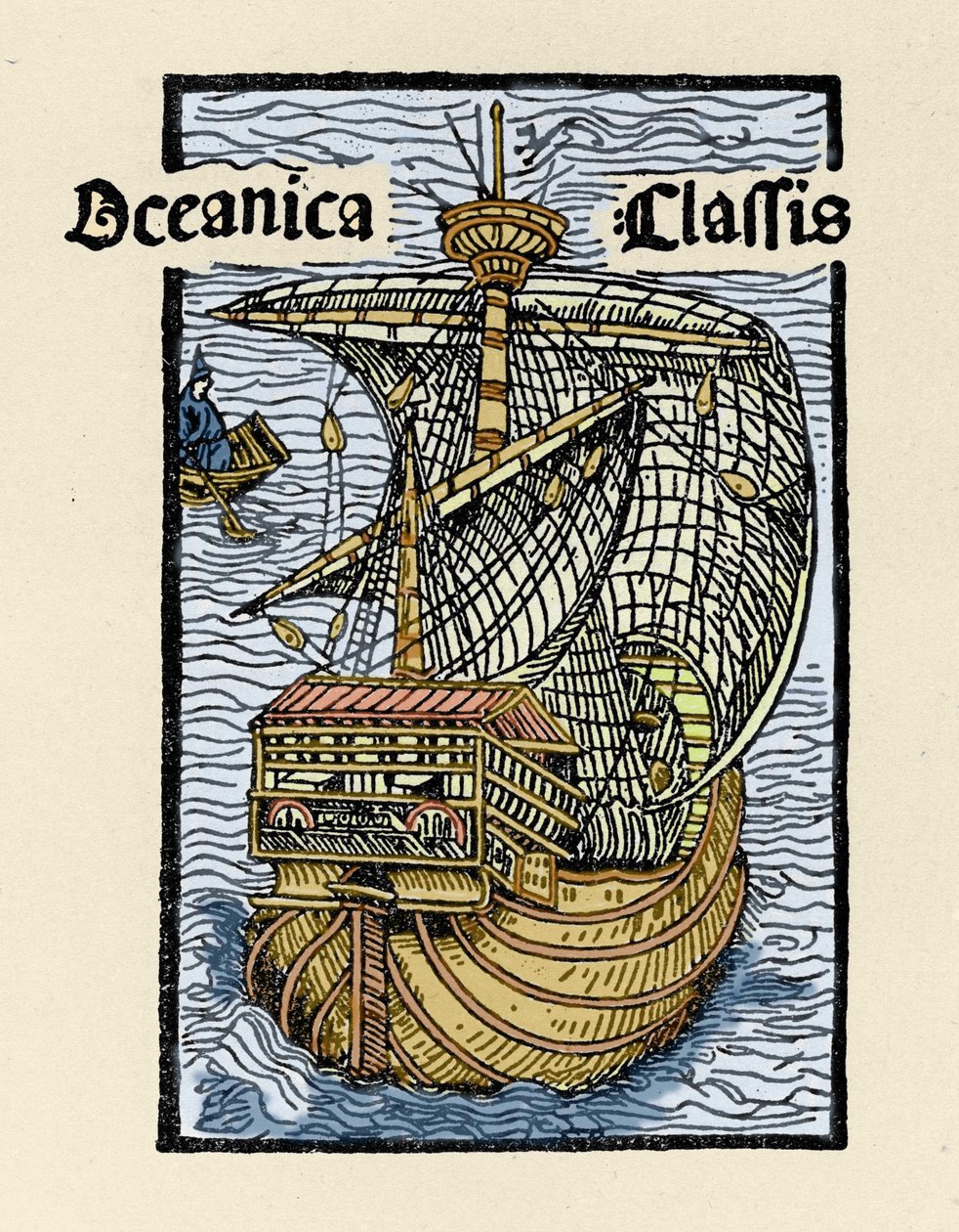 Representasjon av karavellen Santa Maria av Christopher Columbus (1451-1506). Gravering fra “De insulis in mare Indico super inventis”, Bale 1493-1494 (latinsk oversettelse av Columbus