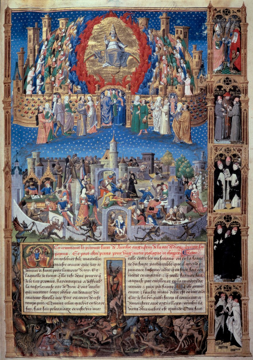 Representasjon av Guds by (celeste) og menneskenes by (jordisk) Miniatyr hentet fra "" De civitate dei"" (Guds by) av Saint Augustine of Hippo (354-430), oversatt av Raoul de Presles ca. 1480. Macon kommunale bibliotek av Unknown artist