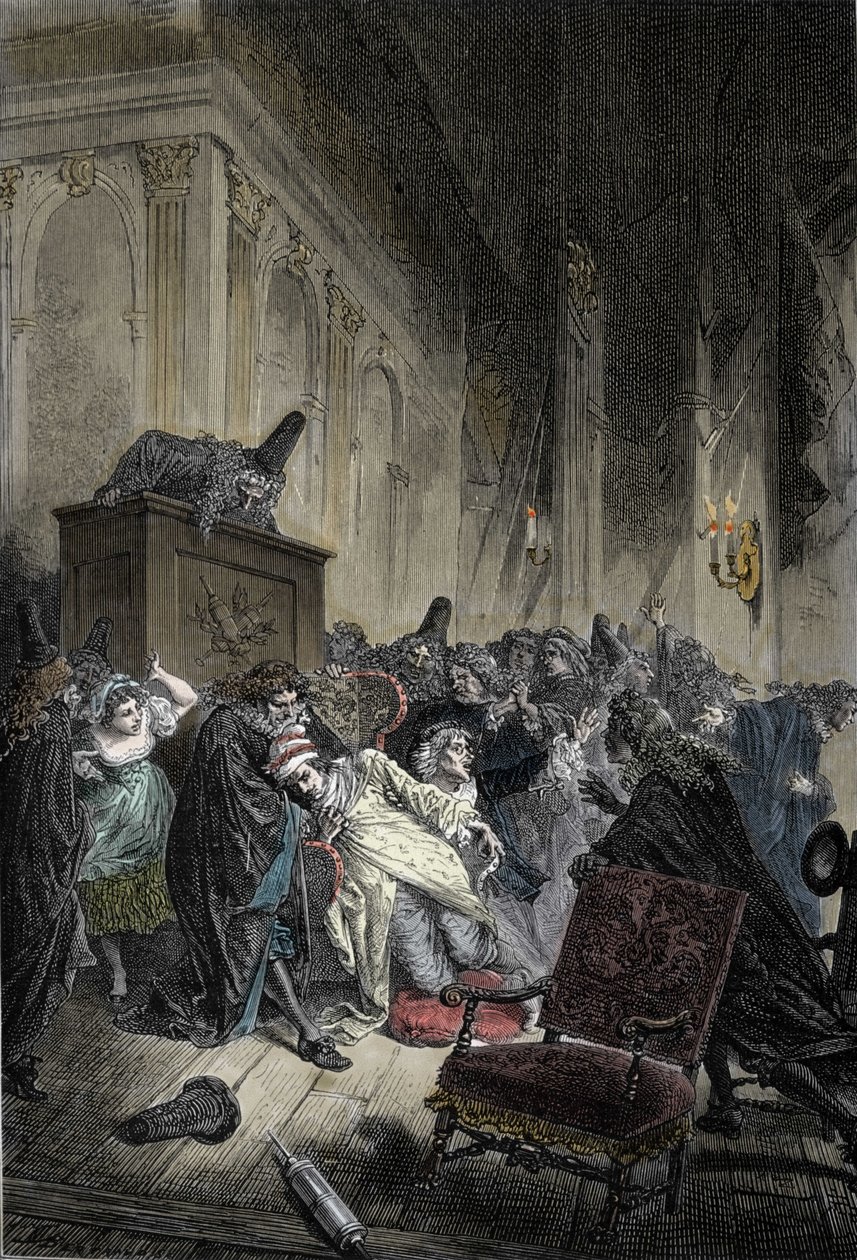 Representasjon av døden til Jean-Baptiste Poquelin, dit Moliere (1622-1673), død av lungetetthet under en representasjon av den "imaginære syke"" 17.02.1673 av Unknown artist