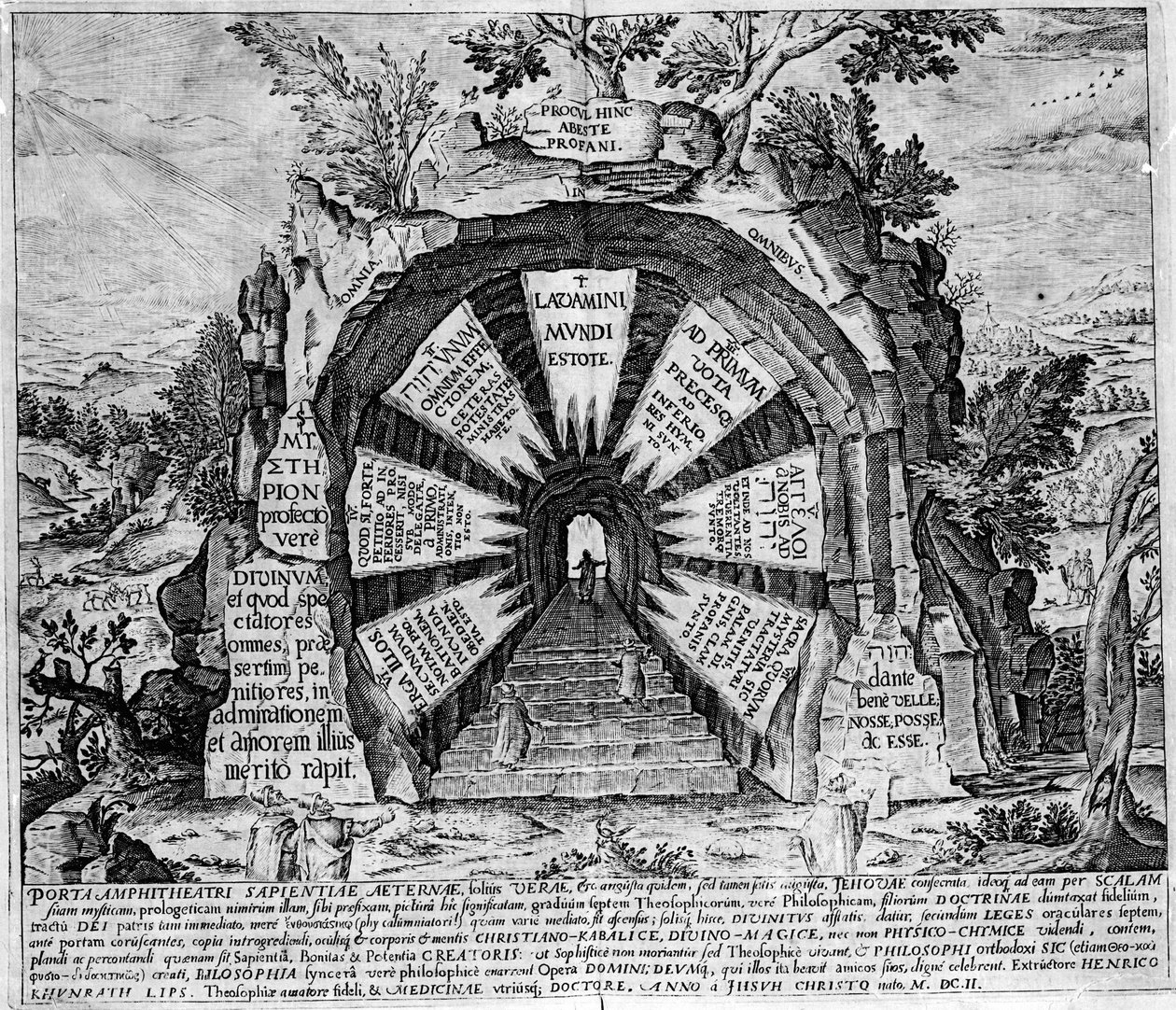 Representasjon av inngangen til House of Mysteres, symbolsk for evig liv. Gravering av "Amphitheatrum sapientiae aeternae". (Amphitheatre of eternal visdom) [Hamburg: sn av Unknown artist