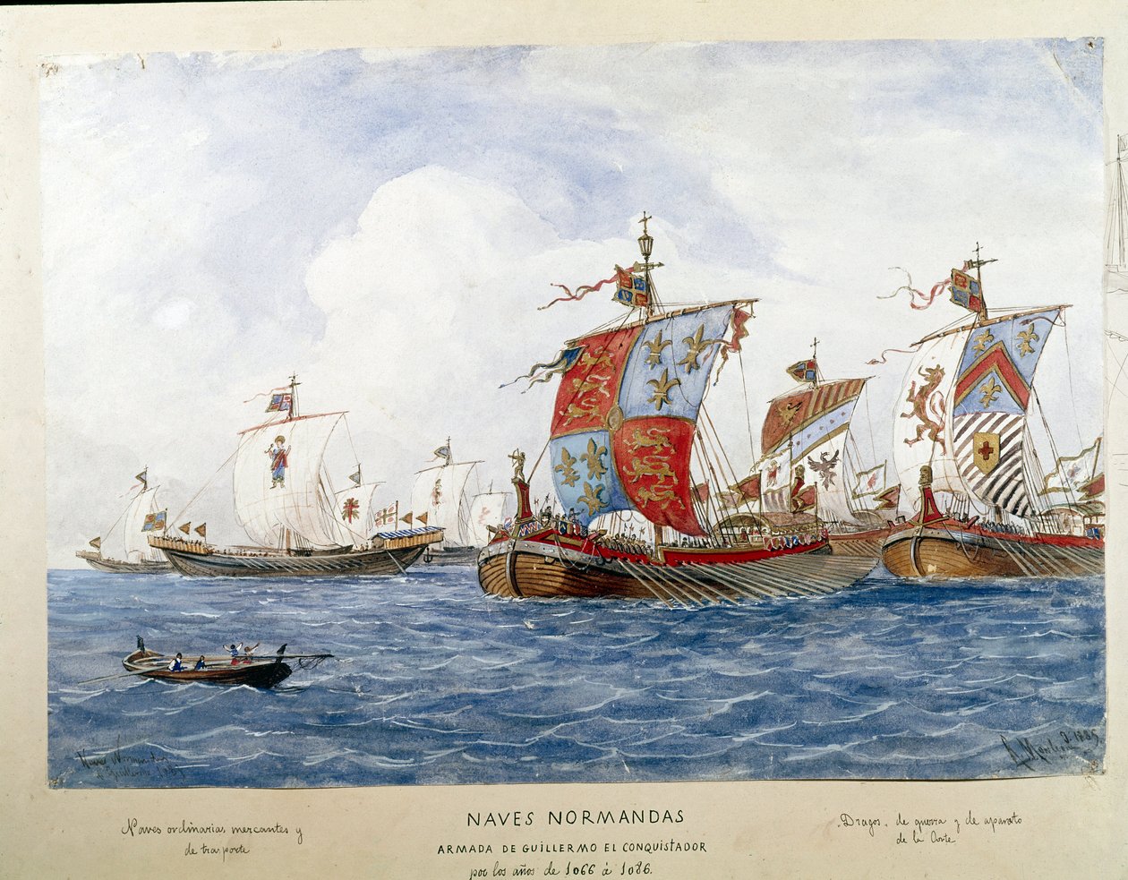 Representasjon av flåten til Vilhelm Erobreren på 1000-tallet, krigsskip, handel, passasjertransport (Akvarell av Unknown artist