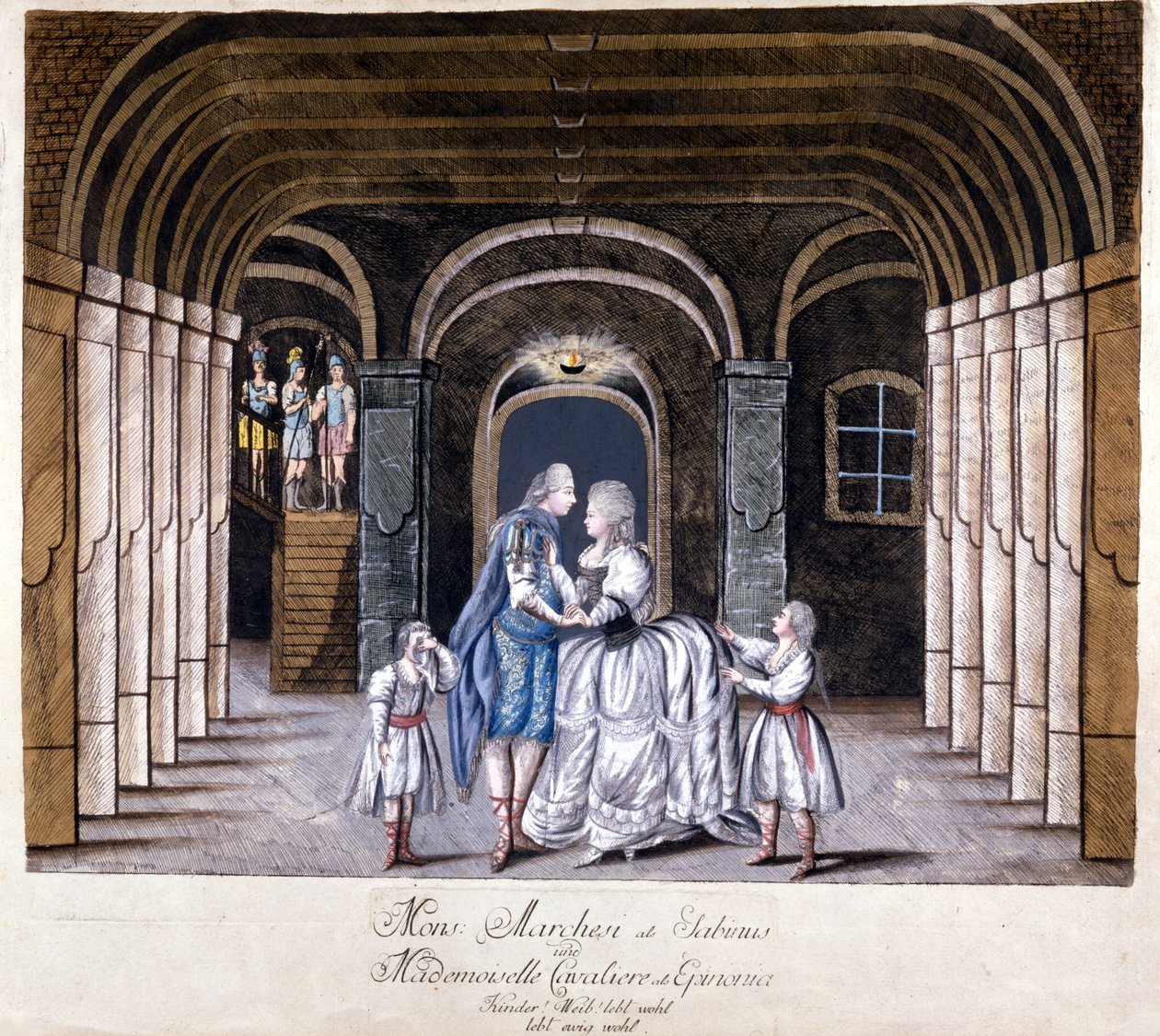 Representasjon av operaen «Giulio Sabino» av Giuseppe Sarti (1729-1802) i Wien i 1785. På scenen Caterina (Katharina) Cavalieri og kastraten Luigi Marchesi. Milan av Unknown artist