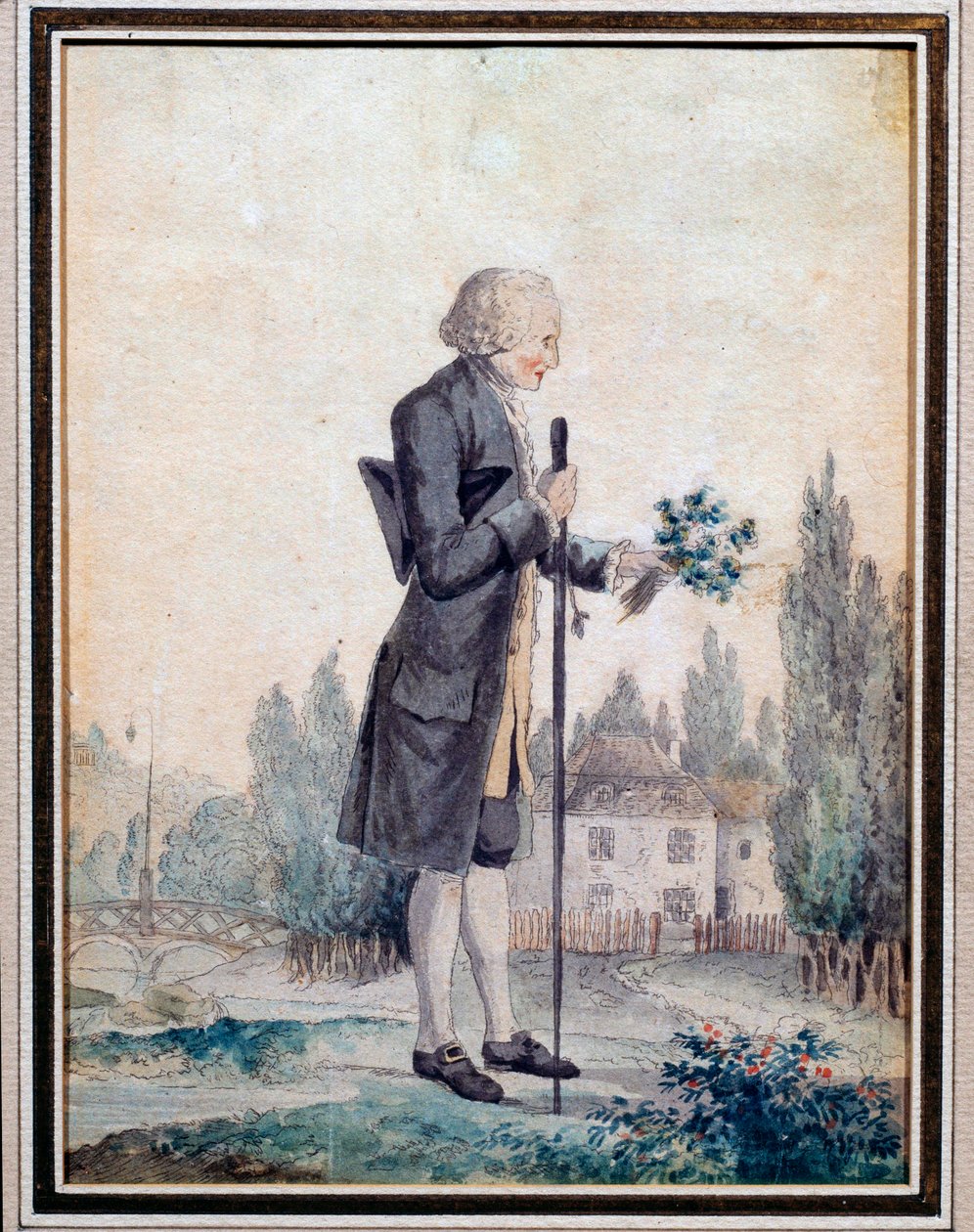 Representasjon av filosofen Jean Jacques Rousseau (1712-1778) som plukker blomster i Ermenonville. Akvarell fra 1700-tallet. Paris, Musee Carnavalet av Unknown artist